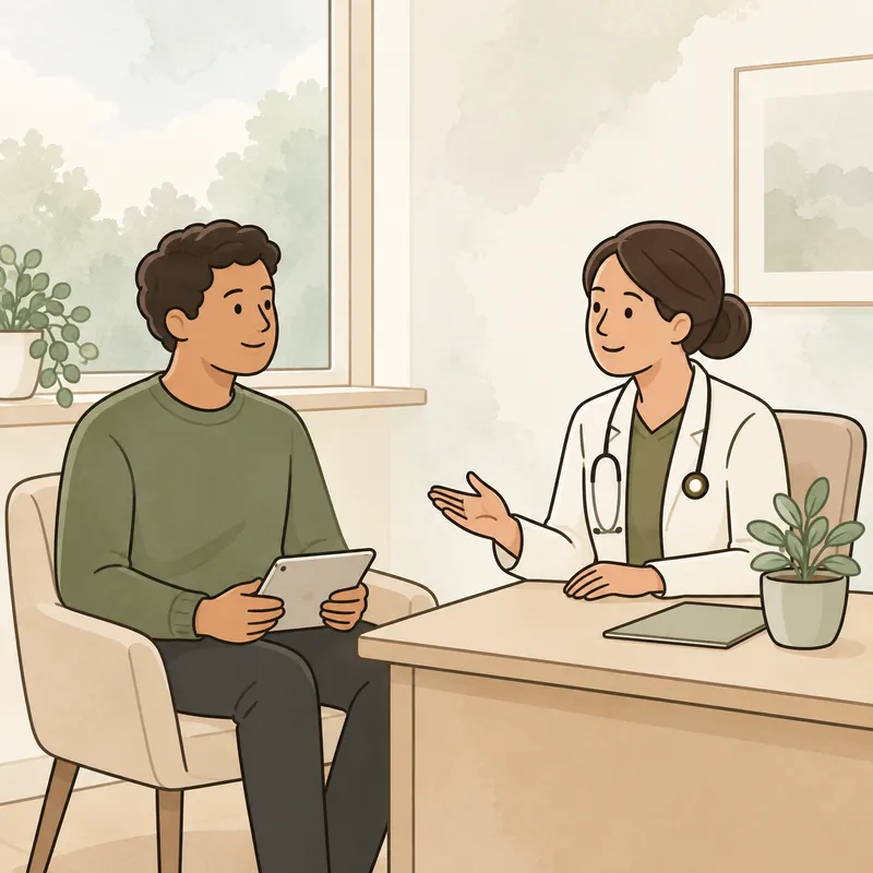 An ENT specialist and patient talking through the paperwork, with a tablet held on the patient’s lap