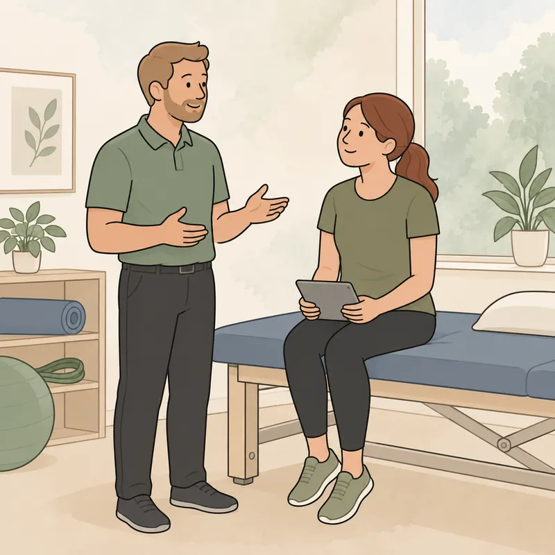 A physiotherapist talking with a patient who sits on the treatment table with a tablet on her lap
