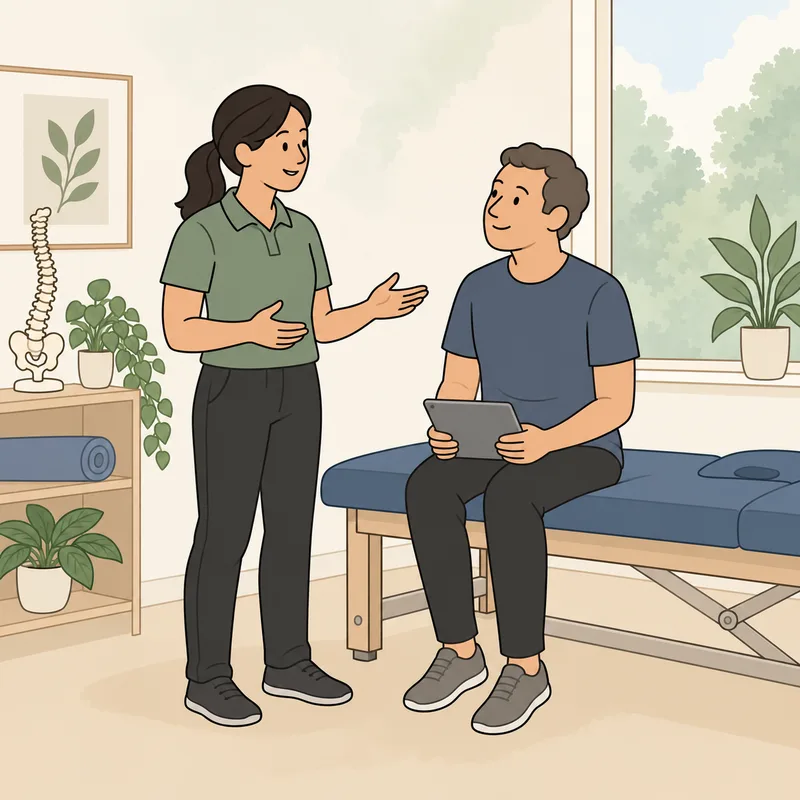 A chiropractor talking with a patient who sits on the treatment table with a tablet on his lap