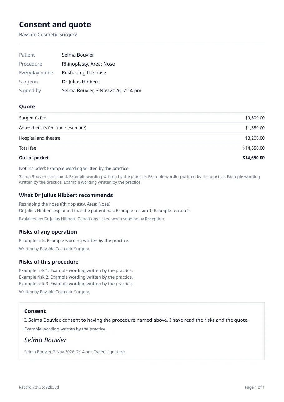Page 1 of the signed procedure PDF for a demo rhinoplasty patient: header rows, the quote, the recommended procedure, the risks, and the signed consent