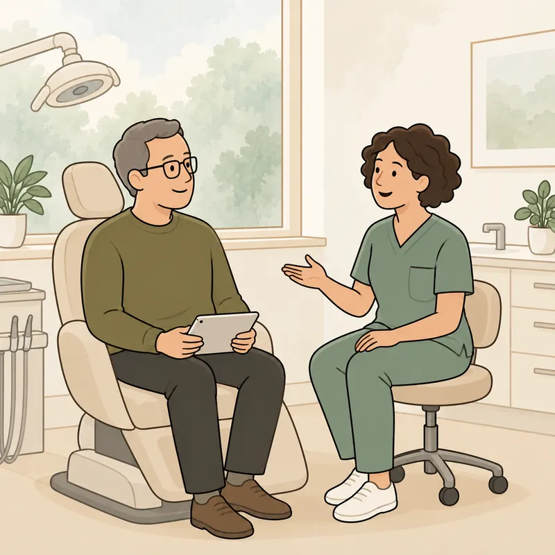 A dentist talking with a patient who sits in the dental chair with a tablet on his lap