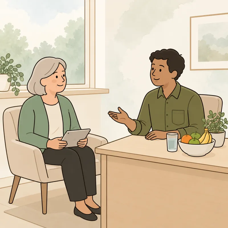 A dietitian at his desk talking with a client who sits in an armchair with a tablet on her lap