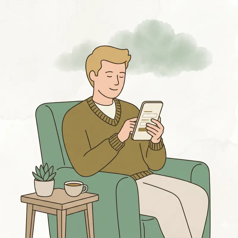 A man sitting in an armchair at home, filling in a form on his phone, with a cup of tea and a pot plant beside him.