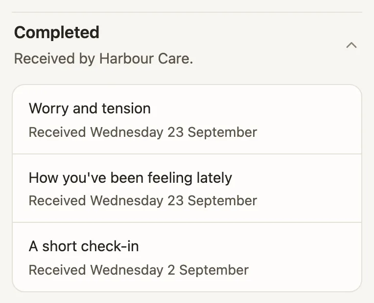 The Completed section, headed Received by Harbour Care, listing three finished forms, each with the day it was received.