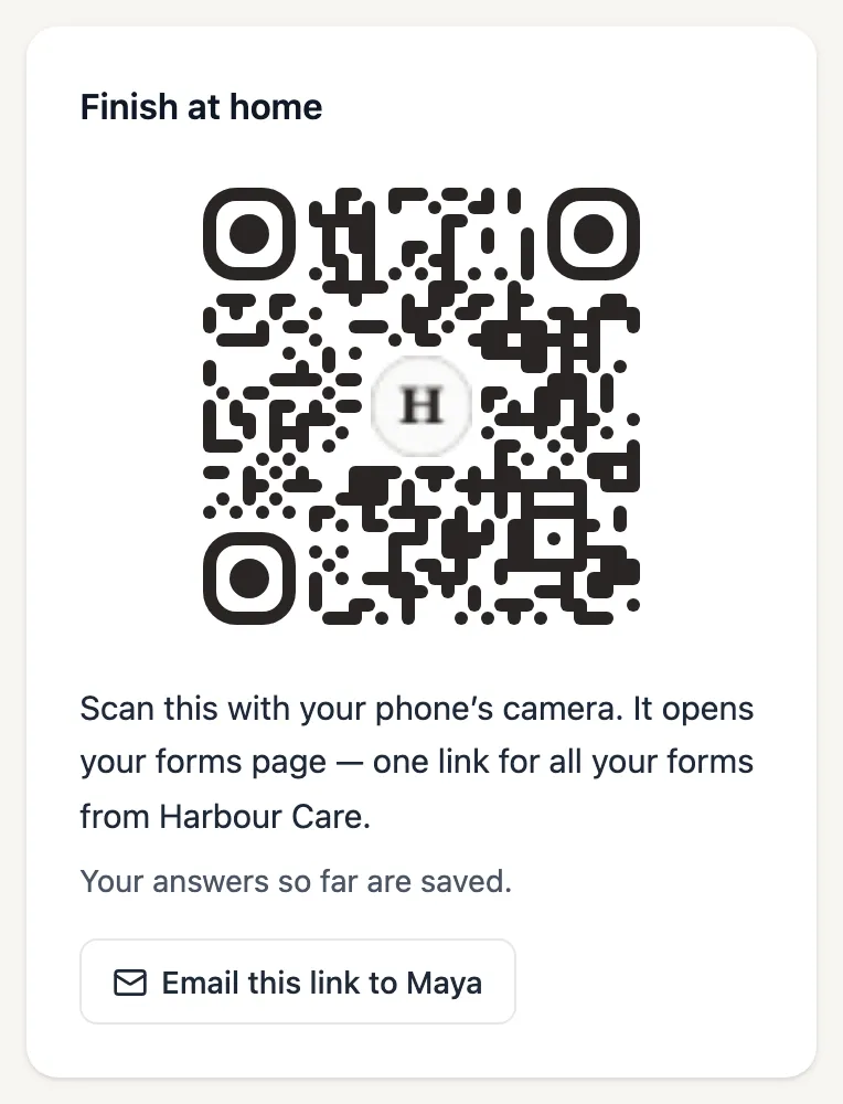 A Finish at home card as a practice shows it in the session: a QR code, the words Scan this with your phone’s camera, it opens your forms page, and a button to email the link.