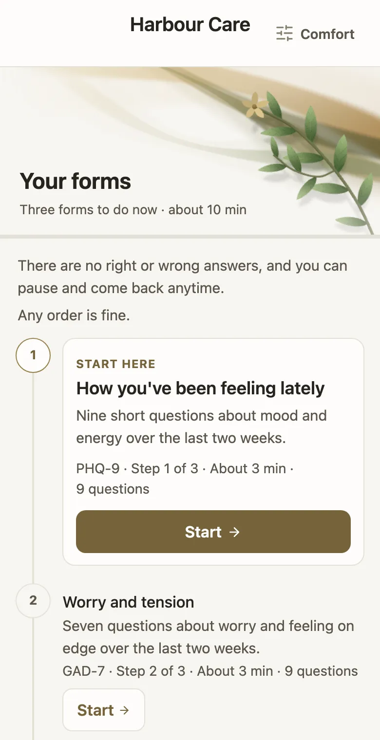The top of a forms page from Harbour Care. Under the heading Your forms it says three forms to do now, about 10 minutes. Below that, a Start here card for the first form with a Start button, and the second form underneath.